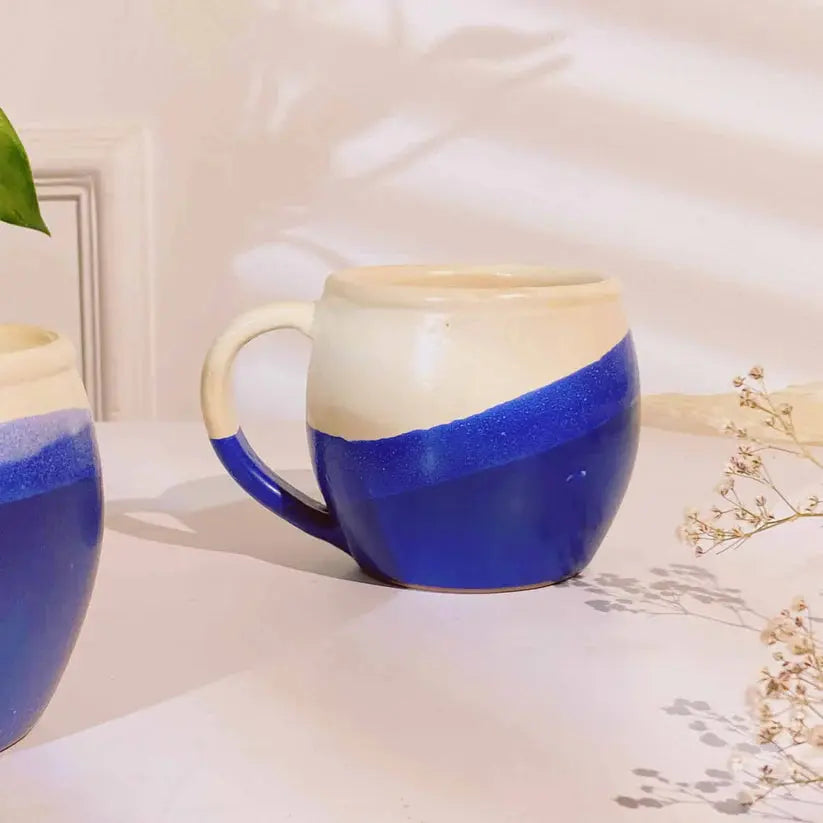 Happiness Handmade Pottery Coffee Mug - Wavy Blue & White at Coffee & Cream Egypt