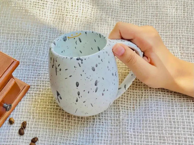Happiness Handmade Pottery Coffee Mug - White & Black Dots at Coffee & Cream Egypt