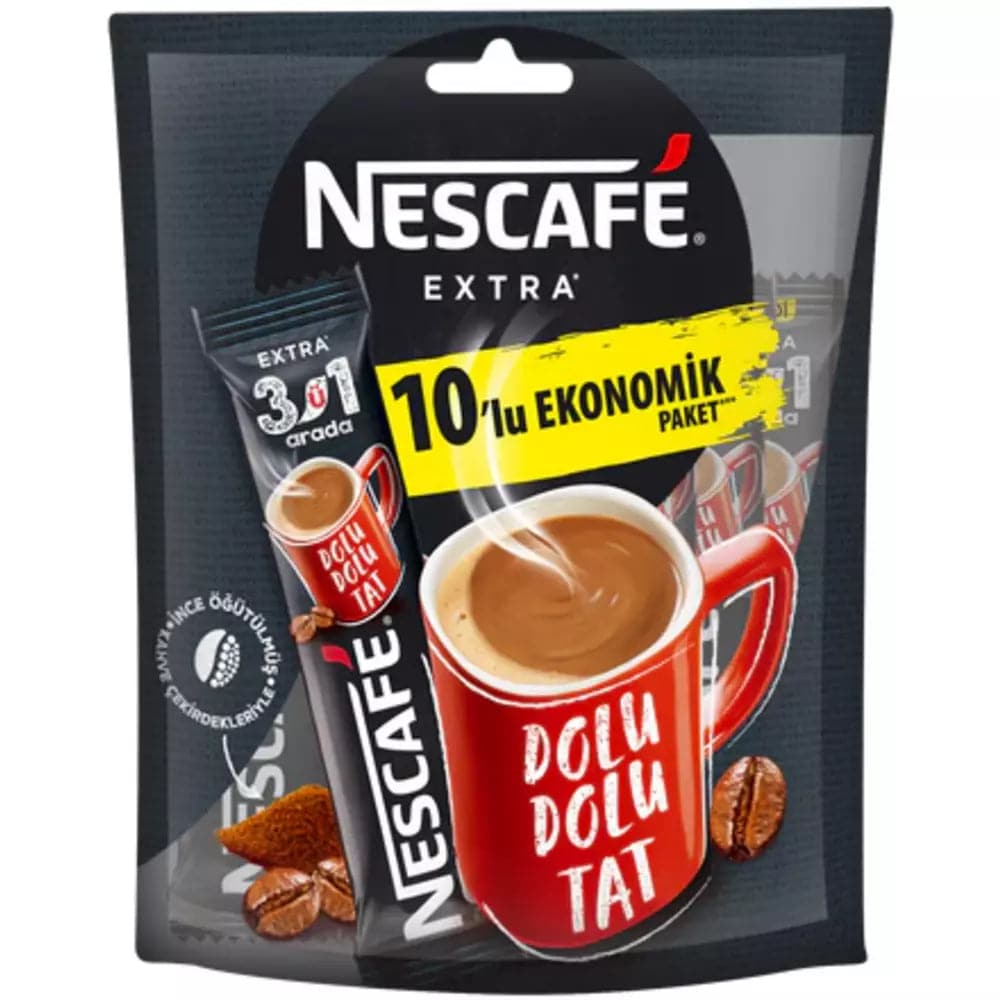 Order Nescafé - Extra Turkish line -10packs for LE 120 at Coffee & Cream, All your coffee needs in one place. Shop Coffee, Beans, Ground Coffee, Instant Coffee, Creamers, Coffee Machines, Blenders, and more. 50+ Brands Monin, Lavazza, Starbucks, Nespresso, Arzum, and more. Become your own Baristaeg at home. Delivers All over Egypt. Online payments available, and get your fengany coffee delivered to your home. Product Description: Intense coffee experience with NESCAFÉ's 3in1 Extra• 20% more finely ground c
