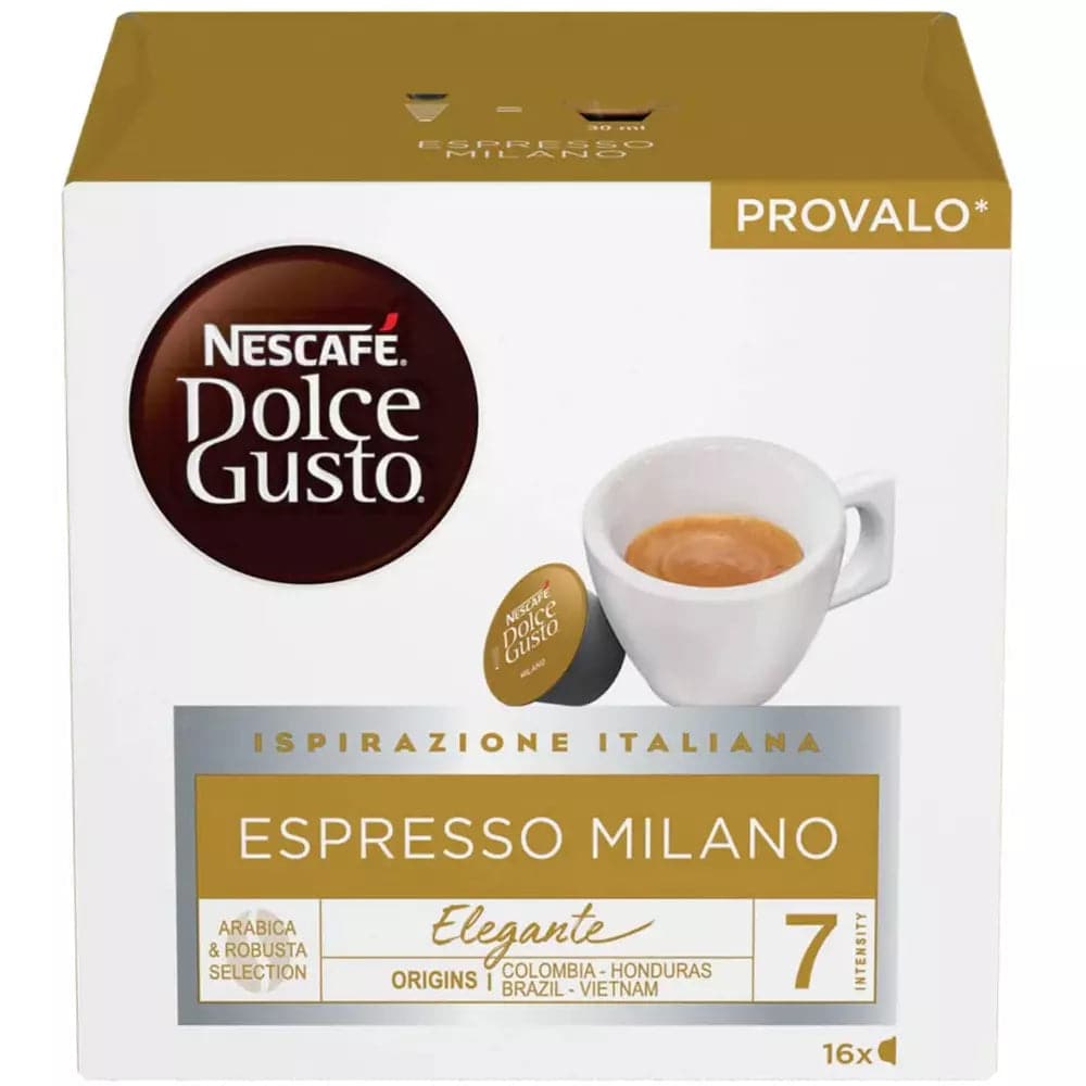 Order Nescafè - dolce gusto Espresso Milano -16 Capsules for LE 175 at Coffee & Cream, All your coffee needs in one place. Shop Coffee, Beans, Ground Coffee, Instant Coffee, Creamers, Coffee Machines, Blenders, and more. 50+ Brands Monin, Lavazza, Starbucks, Nespresso, Arzum, and more. Become your own Baristaeg at home. Delivers All over Egypt. Online payments available, and get your fengany coffee delivered to your home. Product Description: Nescafé Dolce Gusto Espresso Milano is a delicate yet elegant co