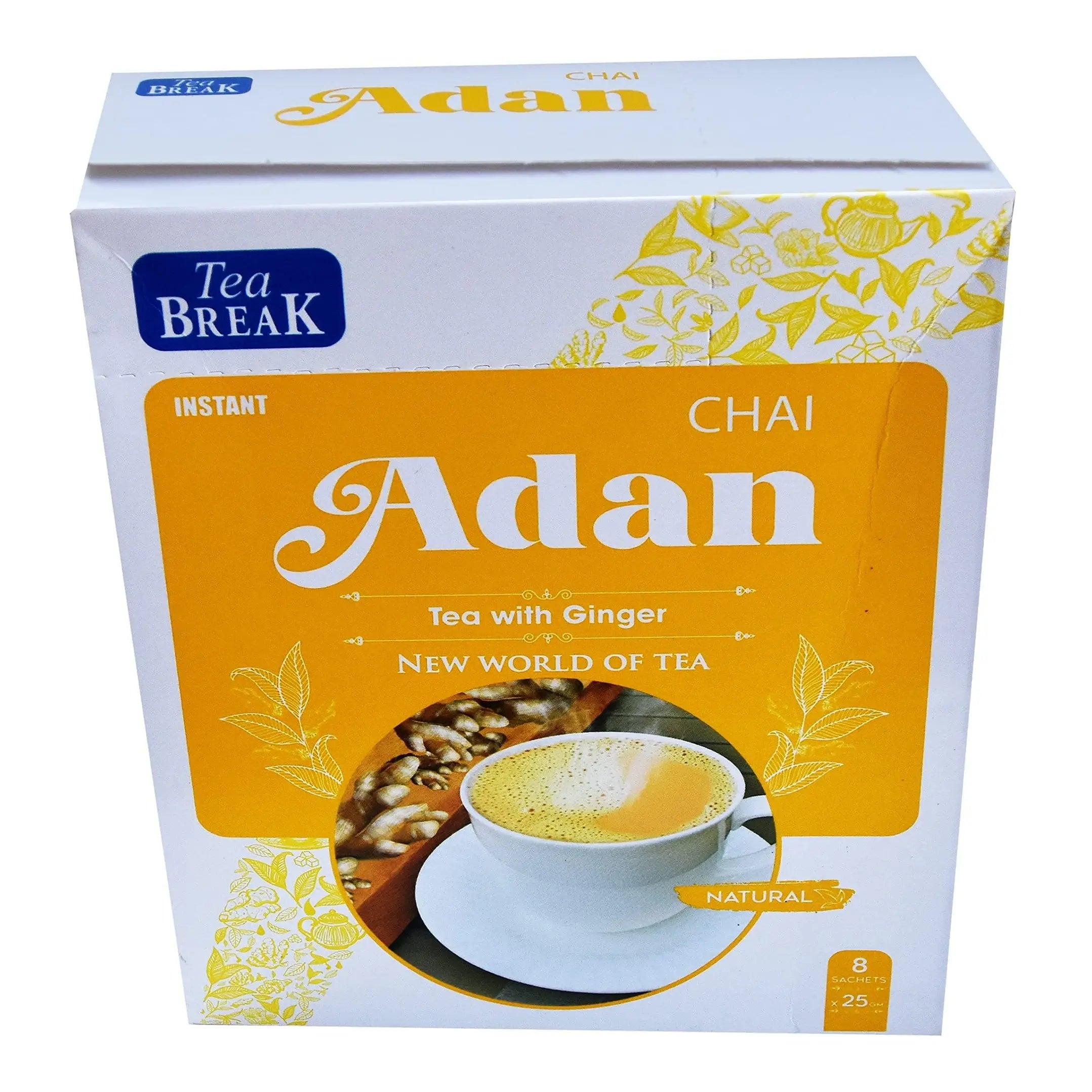 Order Tea Break - Instant Adan Chai with ginger - 8 sachets * 25g for LE 60.00 at Coffee & Cream, All your coffee needs in one place. Shop Coffee, Beans, Ground Coffee, Instant Coffee, Creamers, Coffee Machines, Blenders, and more. 50+ Brands Monin, Lavaz