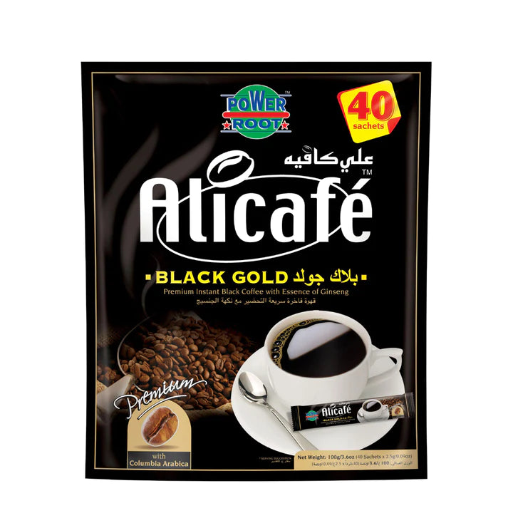 Order Alicafé - Black Gold With Essence Of Ginseng - 40 sachets for LE 235.00 at Coffee & Cream, All your coffee needs in one place. Shop Coffee, Beans, Ground Coffee, Instant Coffee, Creamers, Coffee Machines, Blenders, and more. 50+ Brands Monin, Lavazz