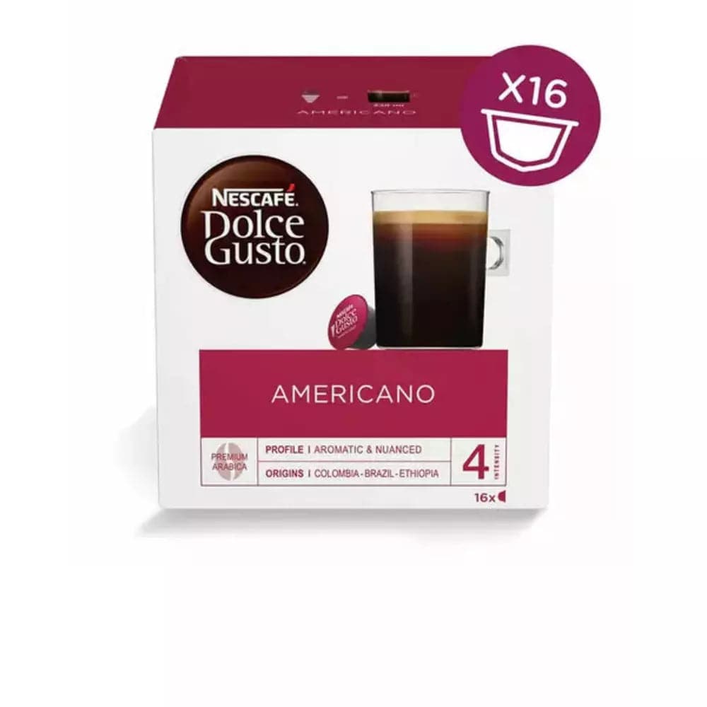 Order Nescafe Dolce Gusto Americano - 16 Capsules for LE 175 at Coffee & Cream, All your coffee needs in one place. Shop Coffee, Beans, Ground Coffee, Instant Coffee, Creamers, Coffee Machines, Blenders, Coffee and more. 50+ Brands Monin, Lavazza, Starbucks, Nespresso, Arzum, and more. Become your own Baristaeg at home. Delivers All over Egypt. Online payments available, and get your fengany coffee delivered to your home. Product Description: Coffee Pods compatible with the Nescafe Dolce Gusto Machine syste