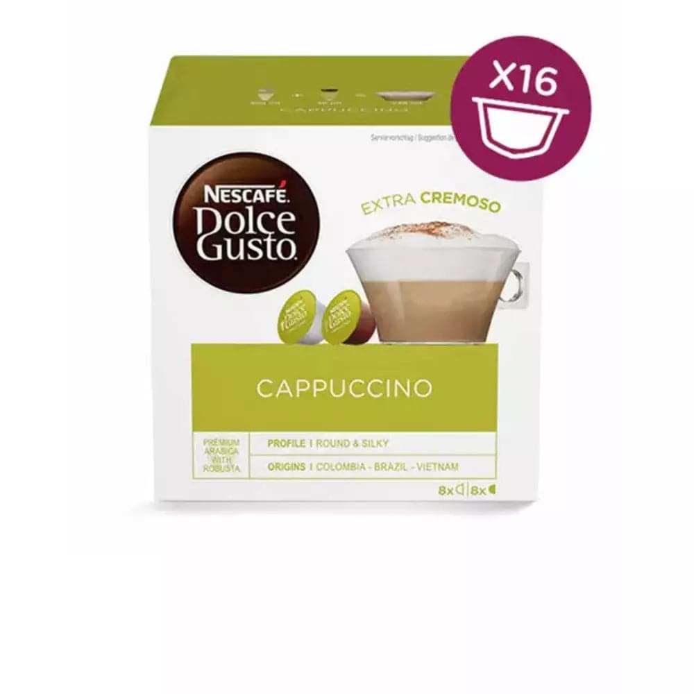 Order Nescafe Dolce Gusto Cappuccino - 16 Capsules for LE 175 at Coffee & Cream, All your coffee needs in one place. Shop Coffee, Beans, Ground Coffee, Instant Coffee, Creamers, Coffee Machines, Blenders, Coffee and more. 50+ Brands Monin, Lavazza, Starbucks, Nespresso, Arzum, and more. Become your own Baristaeg at home. Delivers All over Egypt. Online payments available, and get your fengany coffee delivered to your home. Product Description: Coffee Pods compatible with the Nescafe Dolce Gusto Machine syst