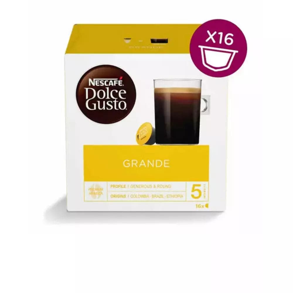 Order Nescafe Dolce Gusto Grande Coffee - 16 Capsules for LE 175 at Coffee & Cream, All your coffee needs in one place. Shop Coffee, Beans, Ground Coffee, Instant Coffee, Creamers, Coffee Machines, Blenders, Coffee and more. 50+ Brands Monin, Lavazza, Starbucks, Nespresso, Arzum, and more. Become your own Baristaeg at home. Delivers All over Egypt. Online payments available, and get your fengany coffee delivered to your home. Product Description: Coffee Pods compatible with the Nescafe Dolce Gusto Machine s