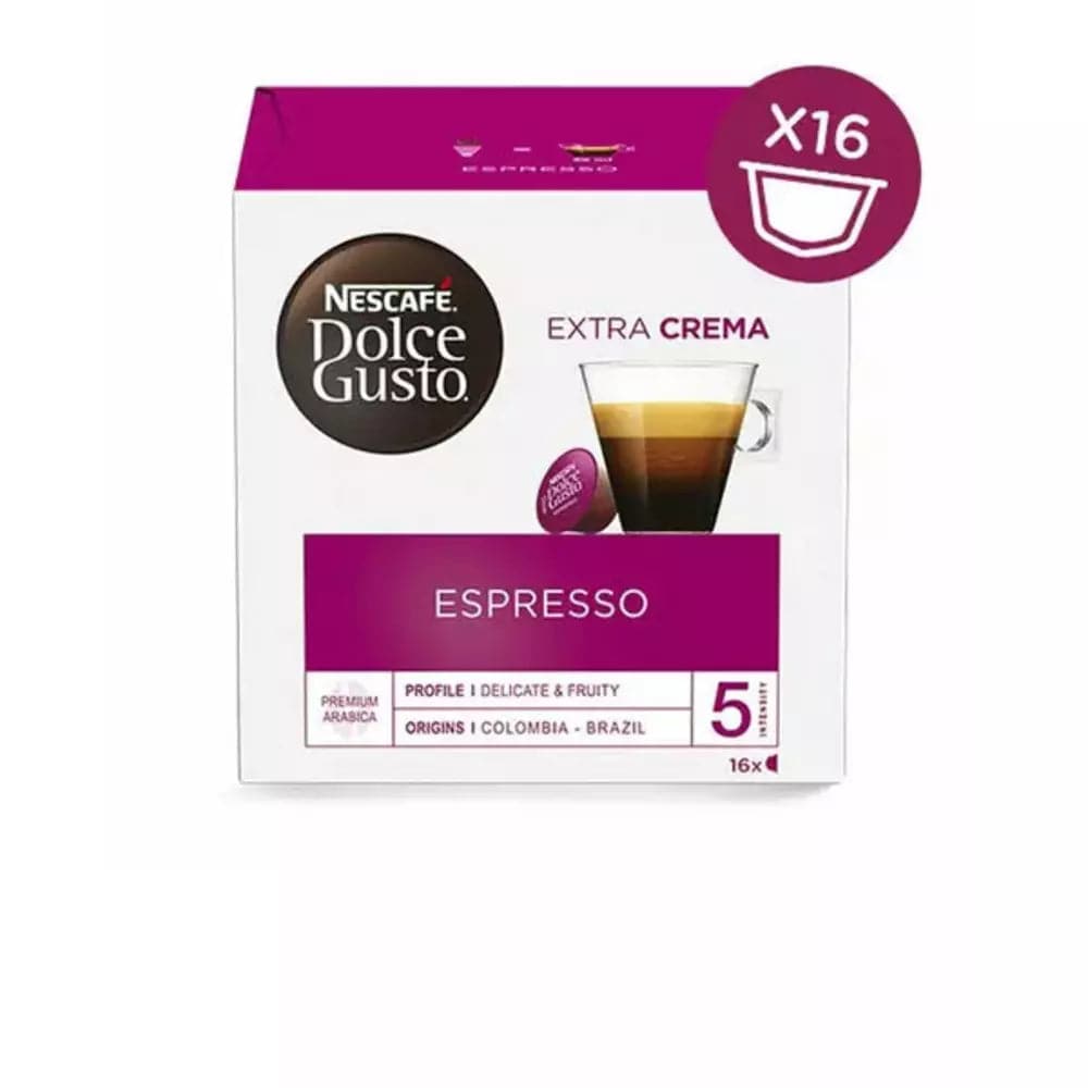 Order Nescafe Dolce Gusto Espresso Coffee - 16 Capsules for LE 175 at Coffee & Cream, All your coffee needs in one place. Shop Coffee, Beans, Ground Coffee, Instant Coffee, Creamers, Coffee Machines, Blenders, Coffee and more. 50+ Brands Monin, Lavazza, Starbucks, Nespresso, Arzum, and more. Become your own Baristaeg at home. Delivers All over Egypt. Online payments available, and get your fengany coffee delivered to your home. Product Description: Coffee Pods compatible with the Nescafe Dolce Gusto Machine