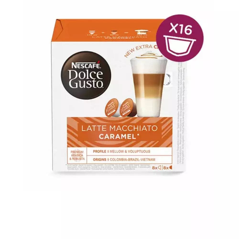 Order Nescafe Dolce Gusto Latte Macchiato Caramel - 16 Capsules for LE 175 at Coffee & Cream, All your coffee needs in one place. Shop Coffee, Beans, Ground Coffee, Instant Coffee, Creamers, Coffee Machines, Blenders, Coffee and more. 50+ Brands Monin, Lavazza, Starbucks, Nespresso, Arzum, and more. Become your own Baristaeg at home. Delivers All over Egypt. Online payments available, and get your fengany coffee delivered to your home. Product Description: Coffee Pods compatible with the Nescafe Dolce Gusto