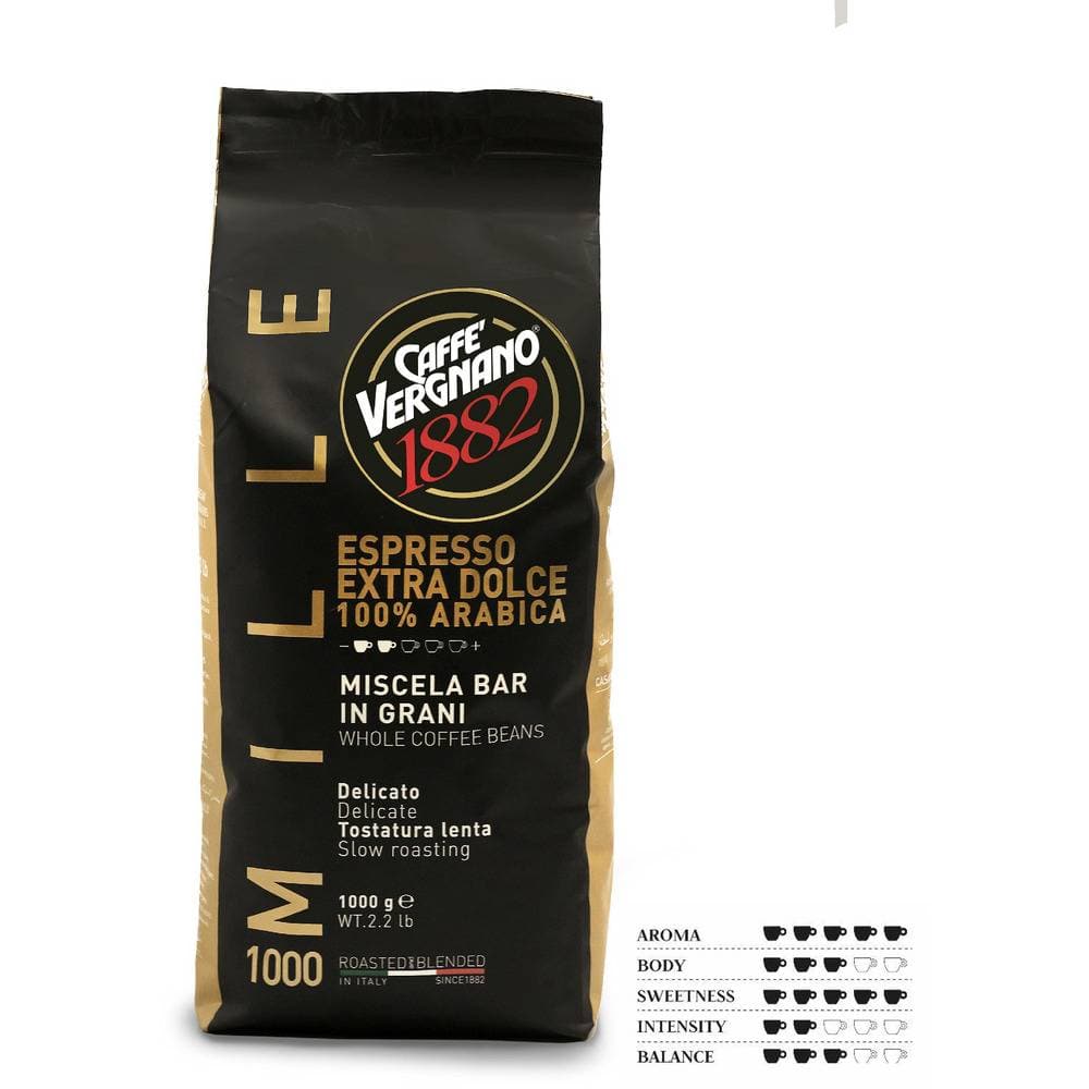 Order Caffè Vergnano -1000 mille extra dolce -1kg for LE 520 at Coffee & Cream, All your coffee needs in one place. Shop Coffee, Beans, Ground Coffee, Instant Coffee, Creamers, Coffee Machines, Blenders, and more. 50+ Brands Monin, Lavazza, Starbucks, Nespresso, Arzum, and more. Become your own Baristaeg at home. Delivers All over Egypt. Online payments available, and get your fengany coffee delivered to your home. Product Description: Caffe Vergnano Mille 1000 Espresso Extra Dolce Coffee Beans 100% Arabic