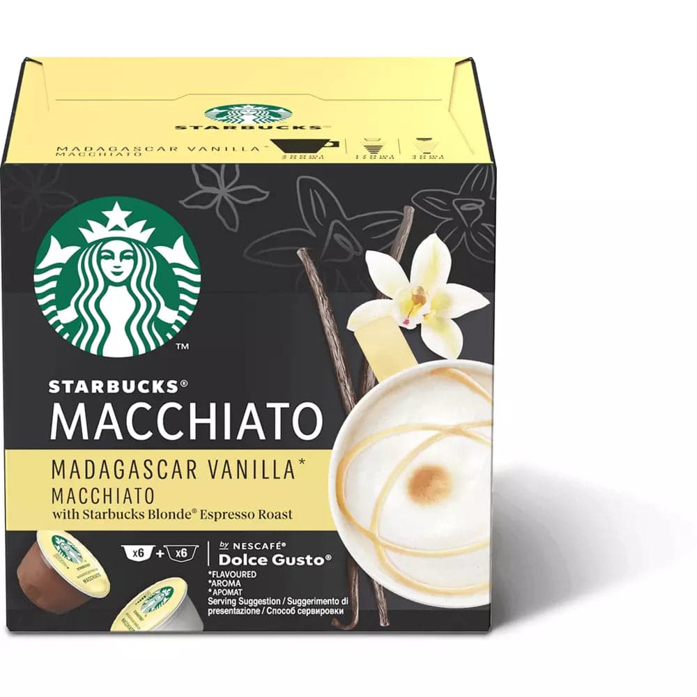 Order Starbucks Dolce Gusto - Madagascar Vanilla Macchiato - 12 Capsules for LE 195 at Coffee & Cream, All your coffee needs in one place. Shop Coffee, Beans, Ground Coffee, Instant Coffee, Creamers, Coffee Machines, Blenders, Coffee and more. 50+ Brands Monin, Lavazza, Starbucks, Nespresso, Arzum, and more. Become your own Baristaeg at home. Delivers All over Egypt. Online payments available, and get your fengany coffee delivered to your home. Product Description: Inspired by the Starbucks Vanilla Bean Mac