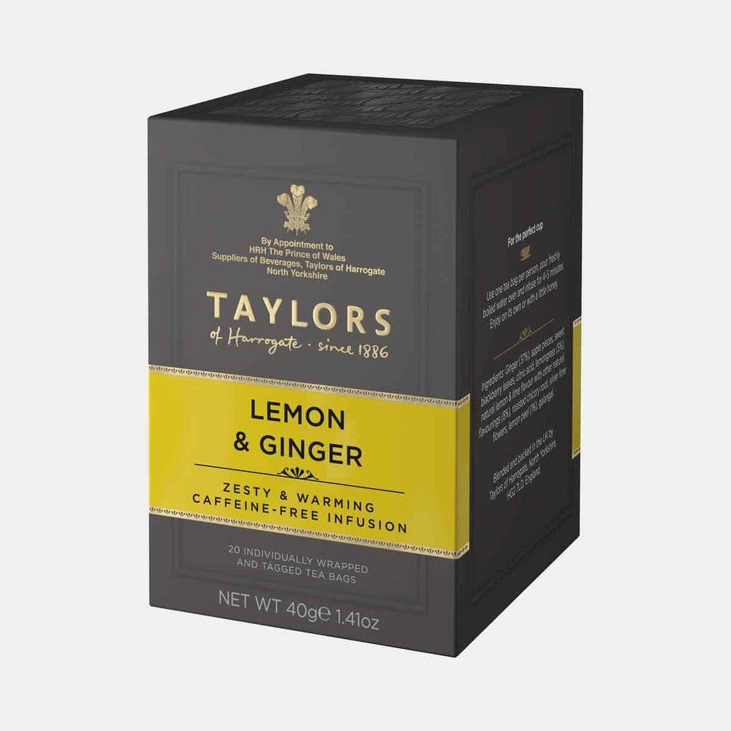 Order Taylors - of Harrogate Lemon & Ginger Infusion Tea - Pack of 20 Tea Bags for LE 81.66 at Coffee & Cream, All your coffee needs in one place. Shop Coffee, Beans, Ground Coffee, Instant Coffee, Creamers, Coffee Machines, Blenders, and more. 50+ Brands Monin, Lavazza, Starbucks, Nespresso, Arzum, and more. Become your own Baristaeg at home. Delivers All over Egypt. Online payments available, and get your fengany coffee delivered to your home. Product Description: Taylors of Harrogate Lemon & Ginger Infu