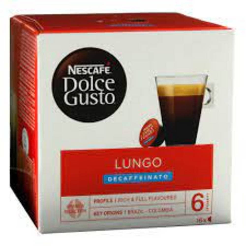 Order Nescafe Dolce Gusto Lungo Decaffeinato - 16 Capsules for LE 175 at Coffee & Cream, All your coffee needs in one place. Shop Coffee, Beans, Ground Coffee, Instant Coffee, Creamers, Coffee Machines, Blenders, Coffee and more. 50+ Brands Monin, Lavazza, Starbucks, Nespresso, Arzum, and more. Become your own Baristaeg at home. Delivers All over Egypt. Online payments available, and get your fengany coffee delivered to your home. Product Description: Nescafe Dolce Gusto Lungo Decaf is a full-flavored, natu