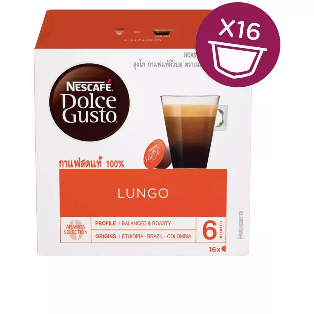 Order Nescafe Dolce Gusto Lungo - 16 Capsules for LE 175 at Coffee & Cream, All your coffee needs in one place. Shop Coffee, Beans, Ground Coffee, Instant Coffee, Creamers, Coffee Machines, Blenders, Coffee and more. 50+ Brands Monin, Lavazza, Starbucks, Nespresso, Arzum, and more. Become your own Baristaeg at home. Delivers All over Egypt. Online payments available, and get your fengany coffee delivered to your home. Product Description: A round coffee with roasted coffee notes and subtle undertones of bla