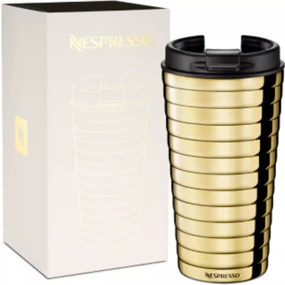 Order Nespresso - Golden Coffee Travel Mug Touch Stainless Limited edition - 345ml for LE 0 at Coffee & Cream, All your coffee needs in one place. Shop Coffee, Beans, Ground Coffee, Instant Coffee, Creamers, Coffee Machines, Blenders, and more. 50+ Brands Monin, Lavazza, Starbucks, Nespresso, Arzum, and more. Become your own Baristaeg at home. Delivers All over Egypt. Online payments available, and get your fengany coffee delivered to your home. Product Description: This Travel mug (ca. 345 ml) will accomp