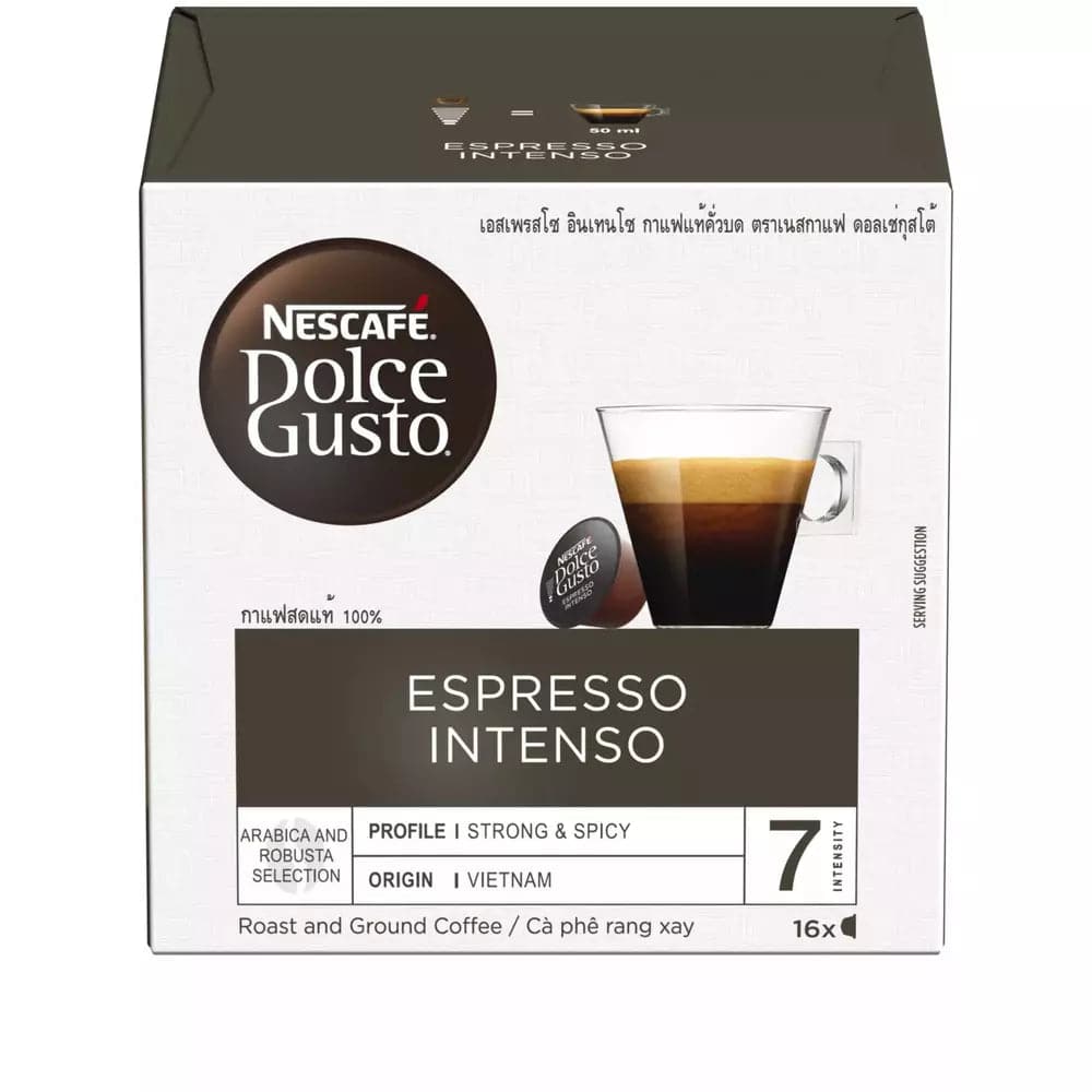 Order Nescafe Dolce Gusto Espresso Intenso Coffee - 16 Capsules for LE 175 at Coffee & Cream, All your coffee needs in one place. Shop Coffee, Beans, Ground Coffee, Instant Coffee, Creamers, Coffee Machines, Blenders, Coffee and more. 50+ Brands Monin, Lavazza, Starbucks, Nespresso, Arzum, and more. Become your own Baristaeg at home. Delivers All over Egypt. Online payments available, and get your fengany coffee delivered to your home. Product Description: Intensity - 7 An intense, medium-dark roast coffee.